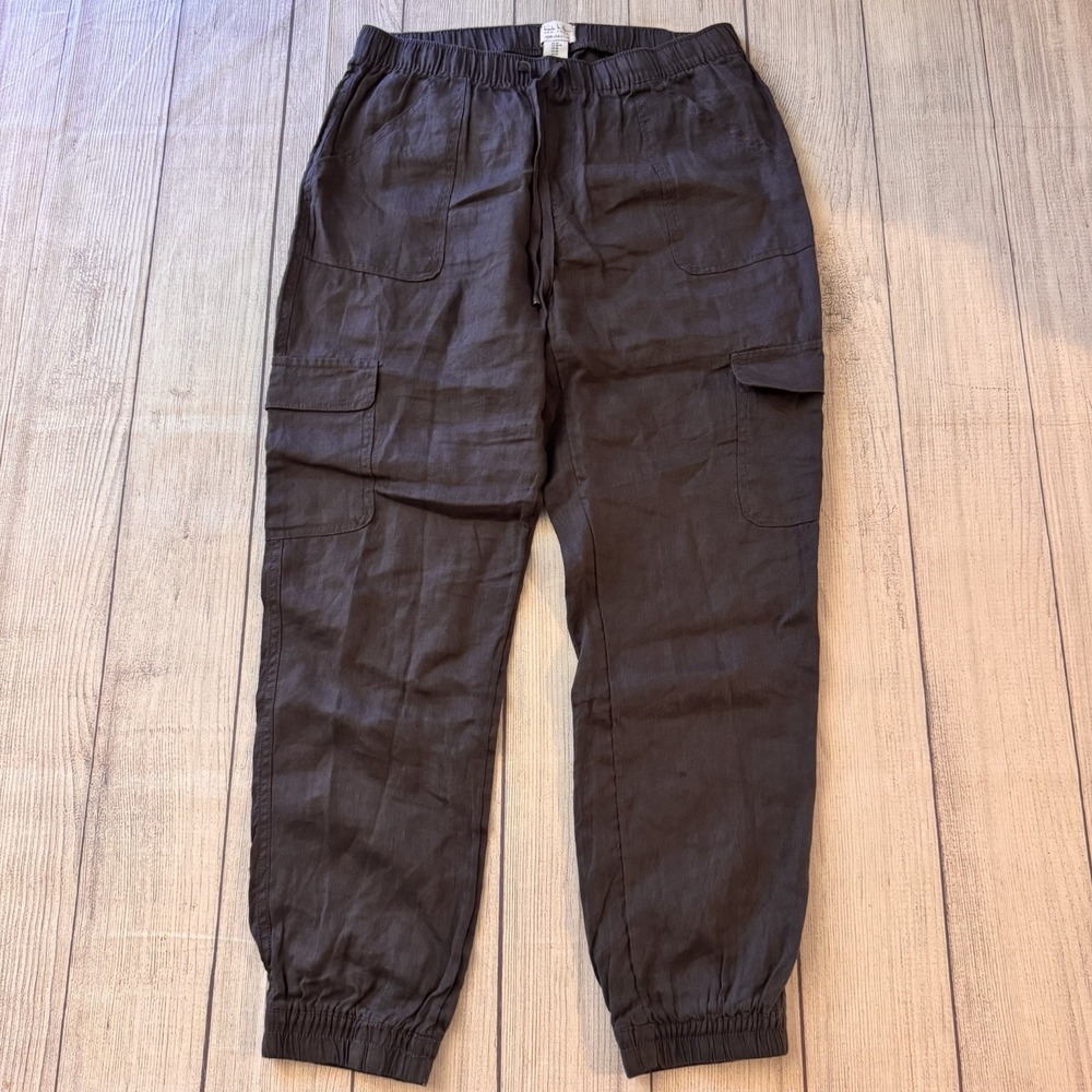 Nicole Miller New York Women's M 100% Linen Cargo Jogger Pants Gray Drawstring